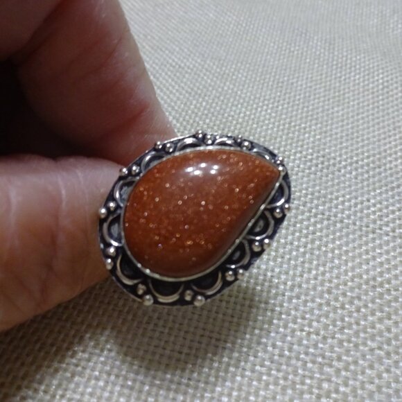 Sparking GOLD SUNSTONE Handmade Sterling 925 Ring Size 9 #434C - Picture 2 of 3